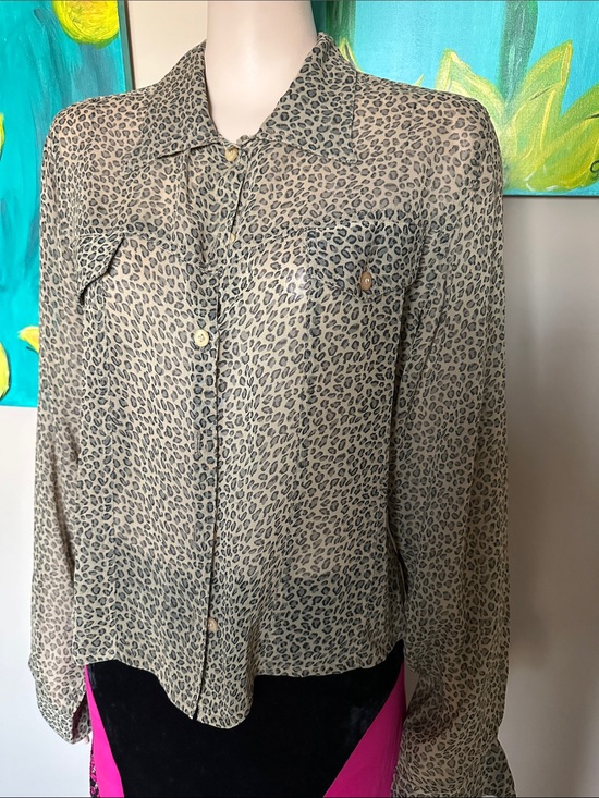 Magazine Tops - Semi-Sheer Leopard Print Button-Down Blouse - Taupe